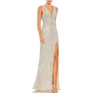 Mac Duggal 26598 V-Neck Sequin Wrap Waist Gown Silver Sleeveless Slit Dress